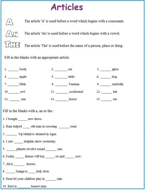 A and An Worksheets Free Printable | Learning Printable A And An Worksheets, Article Grammar, Articles Worksheet, Worksheets For Grade 1, Worksheets For Class 1, English Grammar For Kids, Worksheets For Grade 3, Grammar For Kids, Reading Comprehension Lessons