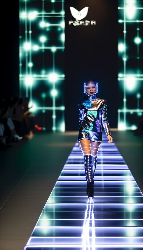 Holographic Elegance: Futuristic Fashion on the Neon Runway Holographic Elegance: Futuristic Fashion on the Neon Runway✨ A sleek, holographic gown with LED patterns, walking on a neon-lit runway. Cyber chic meets avant-garde in this high-tech fashion show. Ultra-modern elegance. 🌟🌐 #FuturisticFashion #HolographicGown #CyberChic #NeonRunway Holographic Gown, Futuristic Club, Futuristic Elegance, High Tech Fashion, Club Ideas, Futuristic Fashion, Tech Fashion, Ultra Modern, Fashion Night