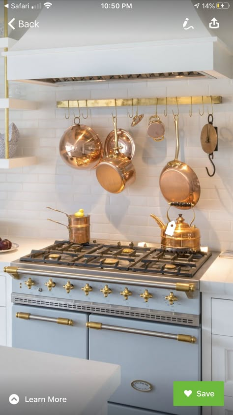 Copper Pots In Kitchen, White And Copper Kitchen Appliances, Copper Oven, Gold And Copper Kitchen, Copper Pans In Kitchen, White And Copper Kitchen, Copper Pans Hanging, Copper Kitchen Appliances, French Country Kitchen