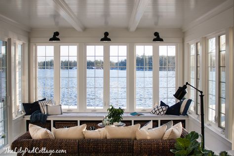 Lake House Sunroom - it's done! - The Lilypad Cottage Sunroom perfection! Lake House Sunroom, Lake House Living Room Decor, House Sunroom, Lilypad Cottage, Lake House Living Room, Sunroom Decorating, Home Theaters, Sunroom Designs, Coastal Living Rooms