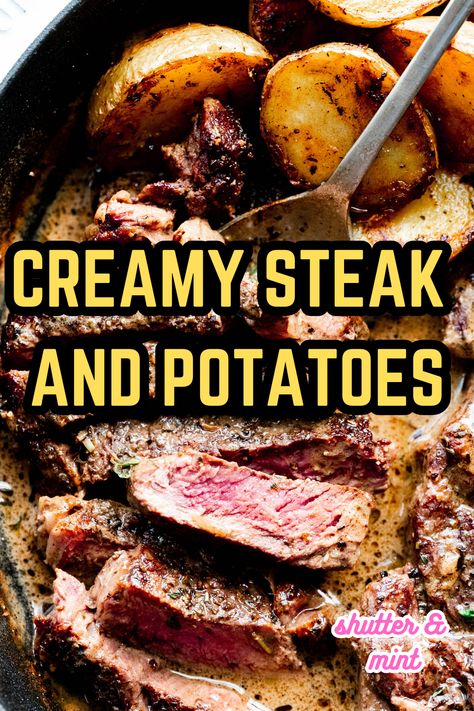 This easy recipe for steak and potatoes in a skillet with mustard cream sauce will blow your mind! It's easy, perfect for date night or Valentine's Day! Skillet Steak And Potatoes Recipe, Date Night Steak Dinner, Steak And Potatoes Recipes, Recipe For Steak, 30 Minute Dinner Recipes, Cast Iron Steak, Mustard Cream Sauce, Skillet Steak, Steak And Potatoes