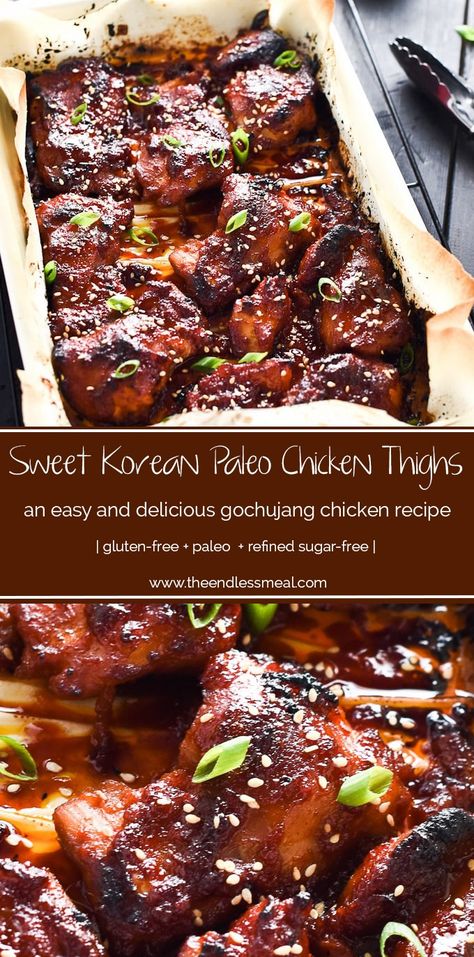 SAVE FOR LATER! These delicious Korean Paleo Chicken Thighs are marinated in a sweet and smoky chili paste called gochujang and make an easy and healthy weeknight meal. Serve them with a side of low carb cauliflower rice. You will LOVE them! | gluten-free + paleo + refined sugar-free | #theendlessmeal #koreanchicken #korean #chicken #paleochicken #gochujang #gochujangchicken #chickenthighs Paleo Chicken Thighs, Smoky Chili, Gochujang Chicken, Paleo Menu, Paleo Cookbook, Korean Chicken, Healthy Weeknight Meals, Paleo Diet Recipes, Chili Paste