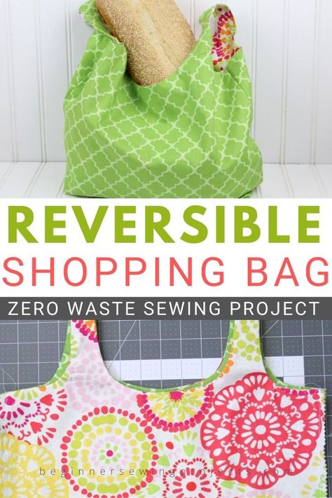 Easy pattern for reversible shopping bags to replace plastic grocery bags. The reversible feature makes it so fun! A great beginner project and perfect for zero waste living. #zerowaste Reusable Grocery Bags Pattern Free, Easy Bags To Sew Free Pattern, Grocery Bags Pattern, Reusable Shopping Bag Pattern, Reusable Grocery Bags Pattern, Diy Grocery Bags, Grocery Bag Pattern, Beginner Sewing Projects, Shopping Bag Pattern