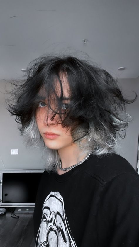 Black And Grey Hair Men, Black And White Dyed Hair Men, Black And Silver Hair Men, Half Black Half White Hair Men, Male Alternative Haircut, Black Hair White Streak Men, Dark Grey Hair Men, Black And White Hair Guy, Black Roots And Blonde Hair