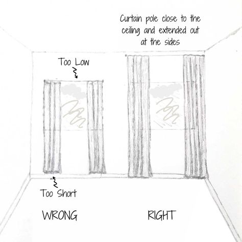 Today, I'm sharing how to hang curtains properly. We'll discuss the do's and don'ts of hanging curtains and how avoiding some common mistakes can make your windows and your room look bigger and more put together. We'll answer questions like, how a room's purpose affects your curtain choices, which style of curtain pole is best for your room, what width and height to hang your curtains, whether or not your curtains are supposed to touch the floor and more! Plus, free downloadable design guide! Making A Window Look Bigger, Curtains To Make Window Look Bigger, How To Put Curtains, Curtain Width Guide, How To Make Windows Look Bigger, How To Hang Curtains Properly, Curtain Height Guide, Hang Curtains From Ceiling, Make A Room Look Bigger