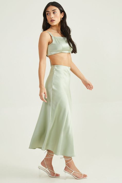 Luci Satin Midi Skirt in Desert Sage | Altar'd State Midi Skirt Set, Desert Sage, Maroon Blouse, Red Tunic, Tiered Tops, Boho Tunic Tops, Satin Midi Skirt, Boho Tunics, Skirts For Women