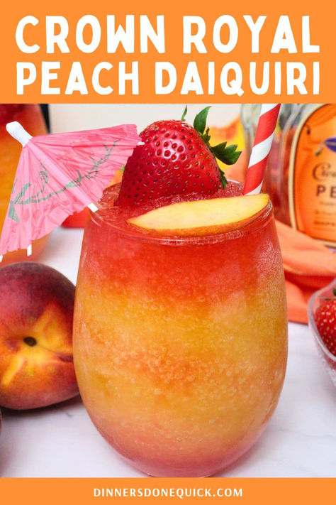 Beat the heat with this refreshing Crown Royal Peach Daiquiri! Made with Crown Royal Peach whiskey, this fruity and boozy treat is perfect for summer gatherings or a relaxing evening at home. Enjoy the sweet and tangy flavors of peach blended to perfection in this easy-to-make cocktail. Garnished with a slice of peach and a strawberry, it's as beautiful as it is delicious. 🍹🍑 Get the full recipe now and start sipping! #PeachDaiquiri #CocktailRecipe #CrownRoyalPeach #CrownRoyalDrinks Peach Crown Royal Recipes Easy, Peach Flavored Alcoholic Drinks, At Home Mixed Drinks, Peach Crown Royal Drink Recipes, Crown Royal Peach Drinks Recipes, Crown Peach Drink Recipes, Peach Crown Royal Recipes, Peach Crown Royal, Creative Alcoholic Drinks