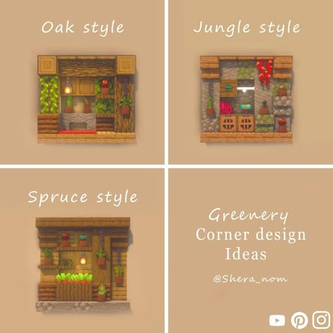 Minecraft Corner Decor, Minecraft Greenery, Corner Design Ideas, Interior Greenery, Minecraft Garden Ideas, Anime Heads, Small Youtuber, Small Interiors, Terraria Builds