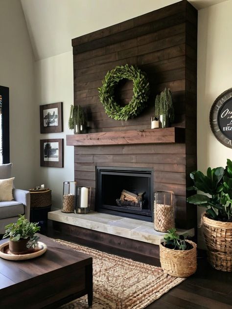 Home Fireplace Modern, Accent Wall Over Fireplace, Stained Wood Fireplace, Stone And Shiplap Fireplace, Shiplap Fireplace Wall, Shiplap Fireplace Ideas, Wood Fireplace Surround, Above Fireplace Ideas, Sunroom Fireplace