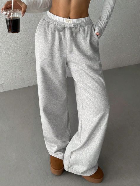 Women Casual Contrast Color Waistband Pockets Sweatpants Grey Casual   Knitted Fabric Plain Straight Leg Slight Stretch  Women Clothing, size features are:Bust: ,Length: ,Sleeve Length: Sport Pants Women, Sweatpants Wide Leg, Sweet Pants, Linen Style Fashion, Grey Tracksuit, Outfit Sport, Girl Sweatpants, Pocket Sweatpants, Rose Gold Brown