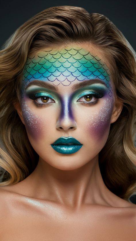 Sea Creature Makeup, Dory Makeup, Mermaid Fantasy Makeup, Aquarius Makeup, Mermaid Moodboard, Creature Makeup, Fantasy Makeup Looks, Mermaid Eye Makeup, Ariel Makeup