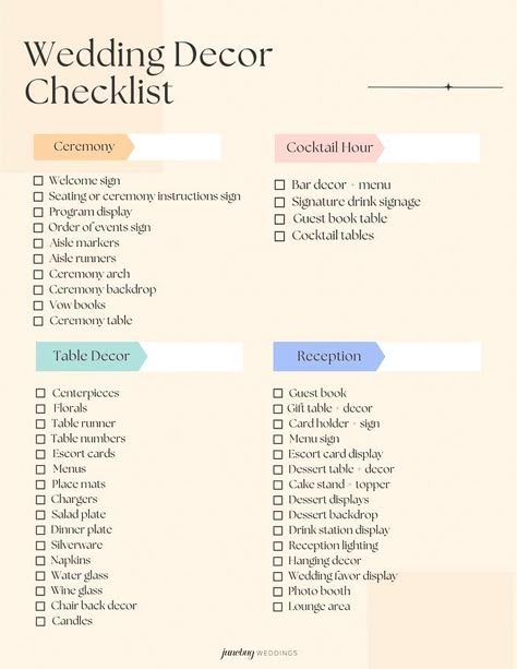 Ceremony Extras Checklist, Wedding Design Checklist, Wedding To Buy Checklist, Wedding Day Decor Checklist, Signage Checklist For Wedding, Wedding Reception Decor Checklist, Cheap Wedding Checklist, Wedding Decorating Checklist, Wedding Supply Checklist