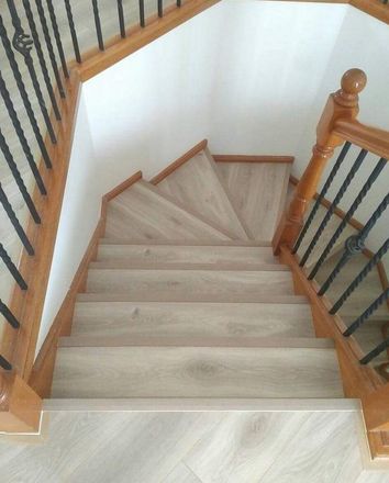 Top Of Stairs Landing, Vinyl Stair Nosing, Foyer Stairs, Top Of Stairs, Vinyl Stairs, Winding Staircase, Stair Landing, Staircase Remodel, Stair Remodel