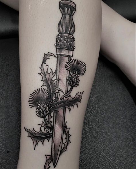 Celtic Spear Tattoo, Sgian Dubh Tattoo, Scottish Dirk Tattoo, Thistle Tattoo Men, Thistle Tattoos, Ash Tattoo, Scottish Thistle Tattoo, Traditional Dagger Tattoo, Scottish Tattoo