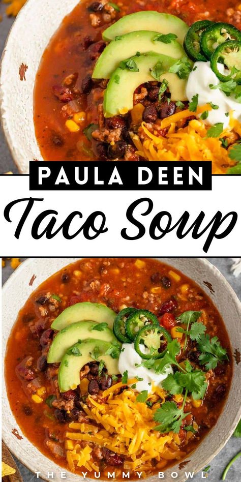 Slow cooker taco soup tastes just like the Paula Deen original! This homemade taco soup is full of amazing flavors that come together to form a delicious lunch or dinner that's perfect for winter. This warm taco soup is loaded with corn, beans, cheese, and more of your favorite taco ingredients. Try this delicious dinner recipe today! Best Crockpot Taco Soup, Taco Soup Paula Deen Recipe, Taco Soup Paula Deen, Paula Deen Taco Soup Recipe, Southwestern Soup Recipe, Taco Soup With Ranch Packet, Paula Deen Seasoning Recipe, Taco Soup Healthy, Paula Deen Taco Soup