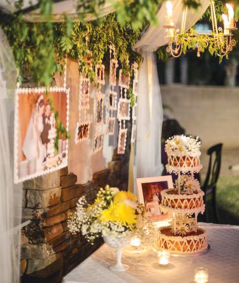 40th Wedding Anniversary {Backyard Garden Party} with beautiful floral arrangements, an old wedding photograph backdrop, and a cute cake table canopy. Anniversary Garden Party, 40th Anniversary Ideas, Backyard Garden Party, Garden Party Ideas, 40th Anniversary Party, 25th Anniversary Party, 35th Wedding Anniversary, 45th Wedding Anniversary, Wedding Anniversary Decorations