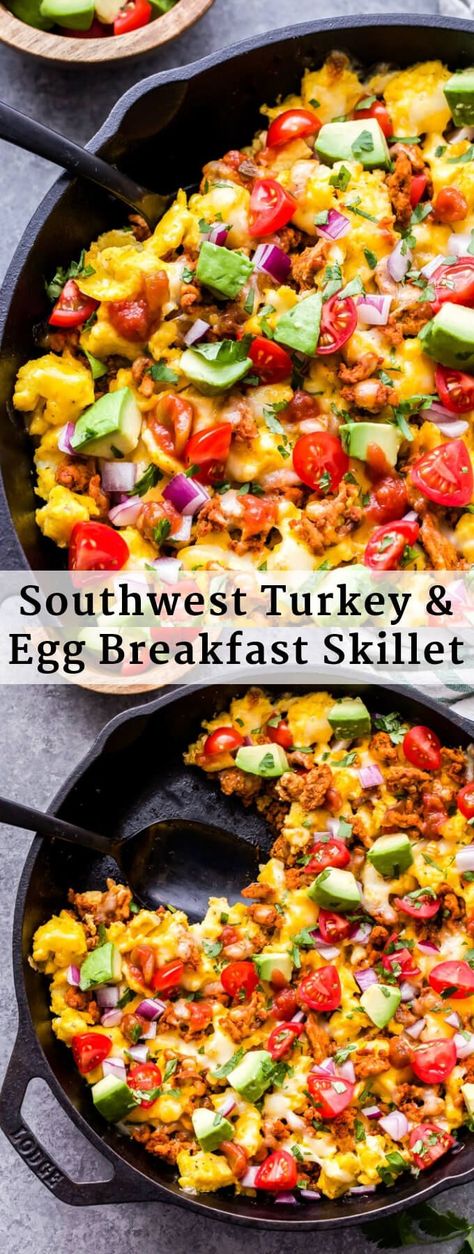 This Southwest Turkey and Egg Breakfast Skillet is a delicious and filling way to start your day! Southwest seasoned ground turkey and scrambled eggs are topped with cheese, tomatoes, avocado, cilantro and salsa. It's perfect for meal prep, a weekend breakfast or even dinner! #breakfastskillet #scrambledeggs #groundturkey #lowcarb #glutenfree #mexicanfood #skillet Ground Turkey Breakfast, Breakfast Skillet Healthy, Seasoned Ground Turkey, Southwest Breakfast, Recipe Runner, Breakfast Skillet Recipes, Turkey Breakfast, Breakfast Skillet, Egg Recipes For Breakfast