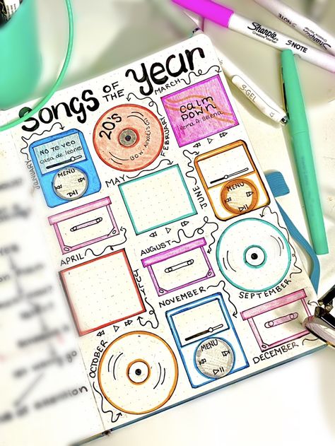 Musical Journal Ideas, Fun Bujo Pages, Bullet Journal Music Page, Dance Journal Ideas, Concert Journal Page, Songs Doodle, Playlist Journal Ideas, Therapy Journaling Layout, Playlist Journal Page