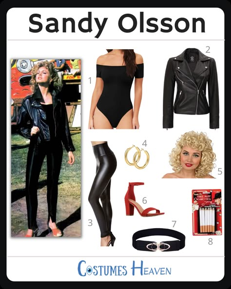 Try out the Sandy Grease costume to become a "female greasy woman." Show off your true self for Halloween or your next cosplay event with this outfit. #sandycostume #sandyolsson #cosplay #halloweencostume #costumesheaven Grease Leather Outfit, Grease Movie Costumes, Sandy Olsson Costume, Plus Size Sandy Grease Costume, Grease Dress Up Ideas, Sandy Danny Grease Costume, Sandy Greece Costume, Grease Movie Outfits, Sandy Costume Grease