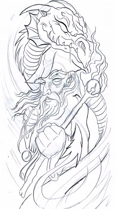 Wizard with a scepter and a dragon surrounding Wizard Drawings, Dragon Tattoo Drawing, Wizard Tattoo, Tattoo Painting, Evil Tattoos, Tattoo Dragon, Dragon Coloring Page, Dragon Tattoos, Dragon Tattoo Designs