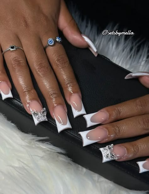 Short French Tip Acrylic Nails Freestyle, Short Square Acrylic Nails French Tips With Diamonds, French Tips With Charms Short, Short White French Tip Duck Nails, Cute Nails With Initials, French Tip Duck Nails With Charms, Glittery Acrylic Nails, Black Acrylic Nails, White French Tip