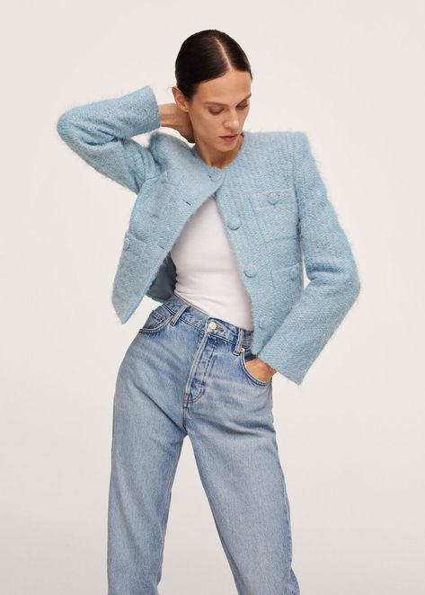 Light Blue Tweed Jacket Outfit, Light Blue Outfits For Women, Blackpink Lightstick, Tweed Jacket Outfit, Outfits Sport, Pastel Jacket, Zara Looks, Cotton Jackets Women, Womens Tweed Jacket