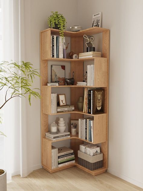 Corner Bookshelf Design, Corner Plant Shelves, Corner Display Shelves, Corner Shelves Diy, Shelves With Lighting, Wooden Corner Shelves, Shelves For Small Spaces, Diy Corner Shelves, Shelves For Office