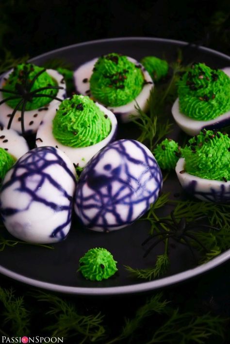 Boiled Eggs Halloween, Cracked Deviled Eggs, Monster Deviled Eggs, Halloween Deviled Eggs Spider, Spooky Easter Eggs, Monster Eggs Halloween, Creepy Deviled Eggs, Halloween Boiled Eggs, Spider Web Deviled Eggs