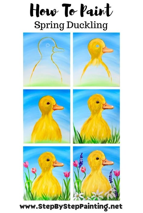 Spring Easter Crafts For Kids, Duck Art Project, Spring Painting Easy Step By Step, Spring Step By Step Painting, Easy Spring Painting Ideas, How To Paint A Duck, Easter Acrylic Painting Easy, Easy Spring Paintings For Beginners, Spring Acrylic Painting Ideas