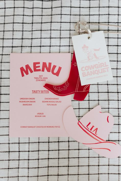 "Cowgirl Banquet" event reception decoration included letterpress dinner menu, acrylic cowgirl boot, and personalized cowgirl hat for each guest. Photo by Mo Fritz. All items designed and printed at Volk Studio in Dallas, TX. Cowgirl Dinner Party, Coastal Cowgirl Dinner Party, Cowboy Dinner, Western Welcome Party, Event Stationery, Event Decorations, Cowgirl Hens, Cowgirl Party Decorations, Cowgirl Invitations