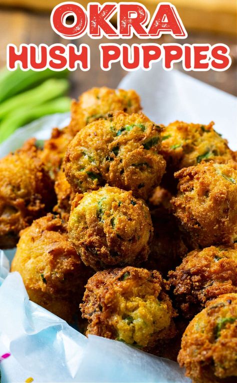 Okra Hush Puppies Hushpuppies With Corn, Crispy Baked Okra, Fried Pickled Okra, Native American Side Dishes, Okra Appetizers, Okra Side Dish, Grilled Okra Recipes, Okra Cornbread, Vegan Hush Puppies