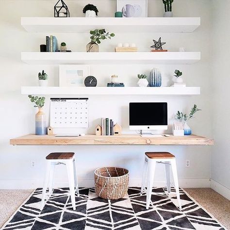 a minimalist home office with IKEA LACK shelves Diy Shelves Ideas, Lack Shelf, Ikea Lack Shelves, Floating Shelves Bedroom, Minimalist Home Office, Office Shelving, Office Shelf, Ikea Lack, Desks For Small Spaces