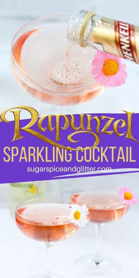 Sweet and bubbly - just like Rapunzel! These champagne cocktails are perfect for toasting to a Disney vacation or adding to a Disney movie night Tangled Drinks Alcohol, Disney Inspired Cocktail Recipes, Barbie Movie Cocktails, Disney Inspired Drinks Cocktails, Tangled Inspired Cocktails, Princess Themed Drinks, Disney Themed Cocktails Recipes, Tangled Themed Cocktails, Tangled Drinks