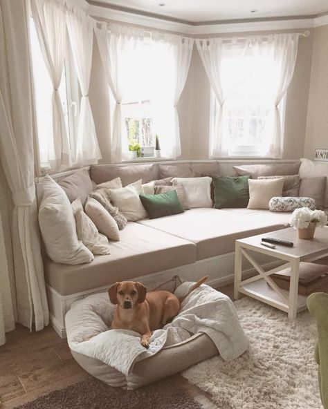 cozy bay window couch Bed In A Bay Window, Sofas Ideas Living Room Bay Window, Bay Window Seat Pull Out Bed, Window Seat Under Bay Window, Bay Window Headboard, Reading Corner Bay Window, Round Bay Window Seat, Bay Window Sofa Arrangement, Large Bay Window Seat