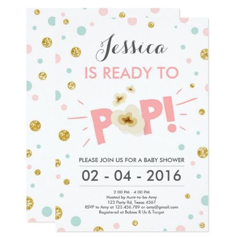 Ready to Pop Baby Shower invitation Mint Pink Gold Ready To Pop Popcorn, Pop Baby Showers, Popcorn Party, Coed Baby Shower, Pop Popcorn, Fun Invitations, Gold Baby Showers, Ready To Pop, Baby Shower Invites