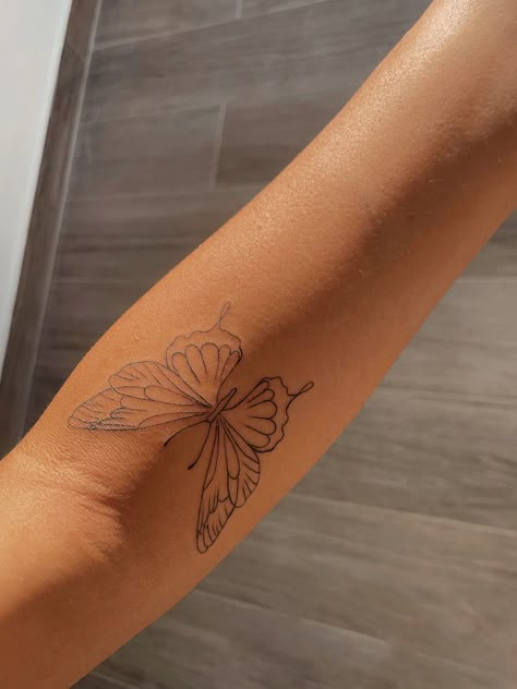 Unique Tattoos Butterfly, Scrambled Mind Tattoo, Interesting Butterfly Tattoo, Cute Butterfly Tattoos On Arm, Butterfly Unique Tattoo, Butterfly Tattoo Back Of Arm Above Elbow, Butterfly Tattoo No Shading, Butterfly Tattoo Inspiration, Forearm Tattoos Butterfly