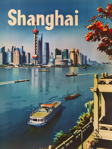 Immerse yourself in the essence of Shanghai with our Vintage Shanghai Travel Poster. This striking piece of digital art captures the serene beauty of the Huangpu River, set against the city's awe-inspiring skyline, a testament to Shanghai's evolution from a historic port of call to a modern urban giant. This high-quality, printable artwork is designed for instant download and can be printed on your choice of paper or canvas, ensuring it will be a perfect match for any room or decor style. Shanghai Design, Vintage Shanghai, China Poster, China Tourism, Shanghai Travel, Shanghai Skyline, Vintage Airline Posters, Asian Travel, Vintage Airline