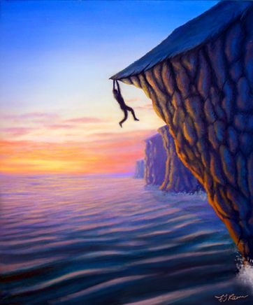 Fate Unknown - By Felipe Ramos  #acrylic #sunset #cliff #hanging #ocean #fjramos #falling Hanging Off A Cliff Drawing, Cliff Illustration Drawing, Cliff Painting Acrylic, Jumping Off Cliff Drawing, Falling Off A Cliff Drawing, Cliff Drawing Reference, Falling Off Cliff, Falling Painting, Cliff Drawing