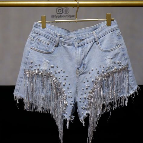 The Diamonds & Pearls Shorts. They Have Rhinestone, Pearls And Sequins Fringe Details. Brand New. The Price Is Firm. Diamonds And Pearls Outfit, Denim And Diamonds Party Outfit, Nashville Fits, Gabby Party, Modified Clothing, Pearl Outfit, Buckle Bunny, Upcycle Clothing, Imvu Outfits