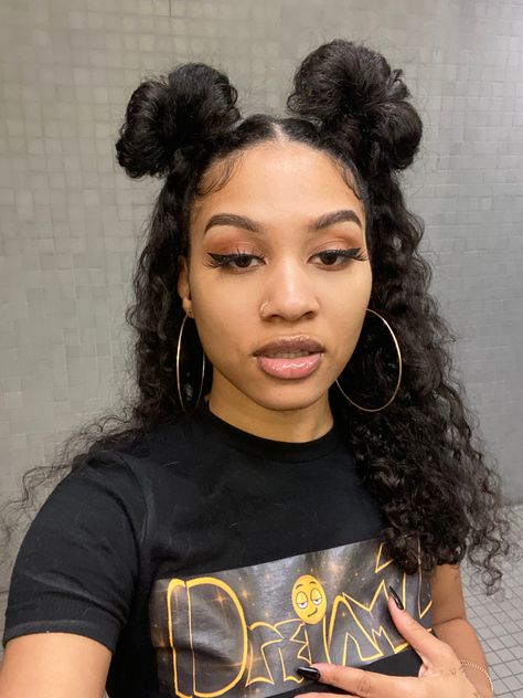 Two Top Buns Half Up, Half Up Half Down Space Buns Black Women, 2 Buns Half Up Half Down Natural Hair, Two Buns With Hair Down, Half Up Half Down Curly Hair With Bangs, Two Bun Half Up Half Down, 2 Bun Half Up Half Down, 2 Space Buns Half Up Half Down, Space Buns Straight Hair