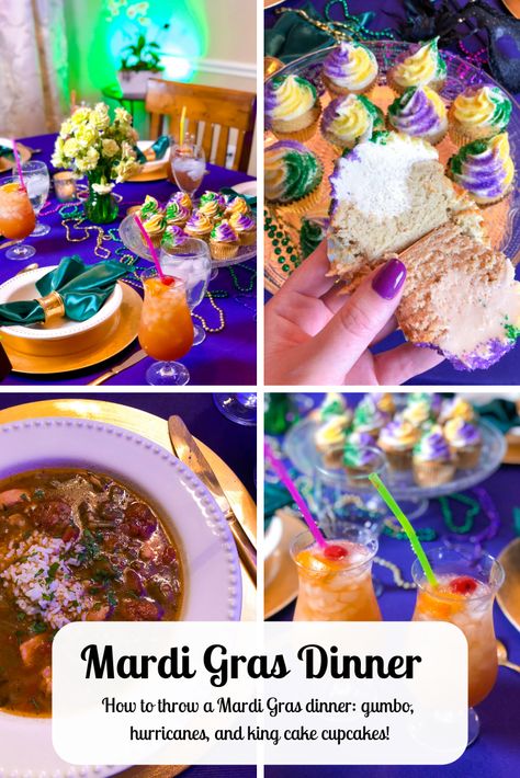 Learn how to throw a Mardi Gras-themed dinner on The Rose Table! Recipes include homemade chicken and sausage homemade, King Cake Cupcakes, and New Orleans style hurricanes. Mardi Gras Menu Ideas Dinners, Mardi Gras Charcuterie Board, Homemade King Cake, Mardi Gras Dinner Party, Mardi Gras Party Ideas, Mardi Gras Dinner, Kings Cake Cupcakes, Mardi Gras Party Decorations, King Cake Recipe