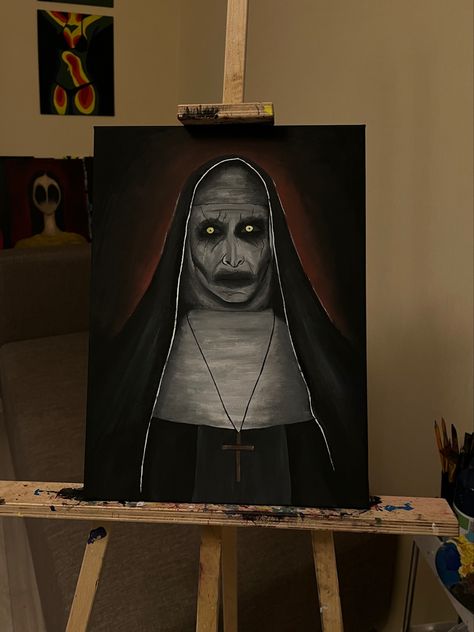 Acrylic painting on Canvas The Nun Paintings Easy, Valak Painting, The Nun Paintings, Goth Painting Ideas, Horror Paintings Easy, Nun Painting, The Nun Valak, Scary Paintings, Auntie Quotes