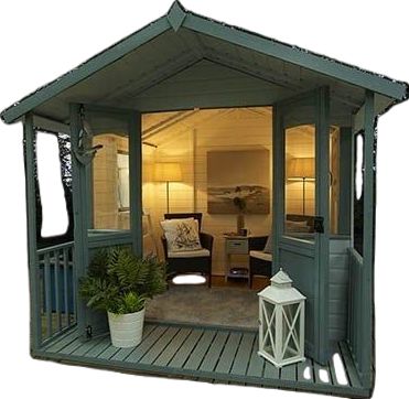 Shed Lighting Ideas, Hut Interior, Small Summer House, Cottage Garden Sheds, Summer House Interiors, Shed With Porch, Shed Interior, Summer House Garden, Studio Shed