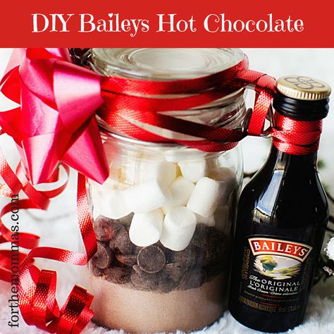 DIY Baileys Hot Chocolate Gift Recipe I post lots of family friendly recipes and crafts but I thought with all of the hustle and bustle of the holiday season,  you might be interested in a more adult recipe.  This isn’t just a recipe it is a great last minute gift that any holiday frazzled parent … Baileys Hot Chocolate Gift, Diy Baileys, Hot Chocolate Baileys, Baileys Hot Chocolate, Hot Chocolate Gift Basket, Joululahjat Diy, Holiday Wine Bottles, Mason Jar Christmas Gifts, Hot Chocolate Gifts