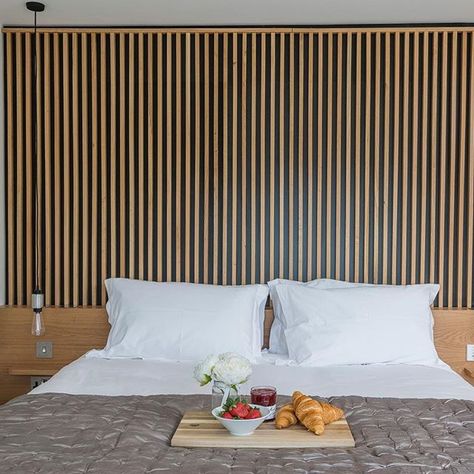 Transform your home with bespoke furniture design✨​ Here we designed, crafted and installed this stunning bespoke headboard which runs the entire width of the room to complete the contemporary vibe of this @boutiqueholidaylets apartment.  #bedroomdesign #bedroomdecor #headboard #headboardinspiration #headboardinspo #bedroominspo #homedecor   #Regram via @CBjA0ZrjMe6 Acoustic Wood Wall Panels, Modern Log House, Wood Wall Panels, Bed In Closet, Wood Panel Walls, Log Homes, Wall Panels, 인테리어 디자인, Living Dining Room