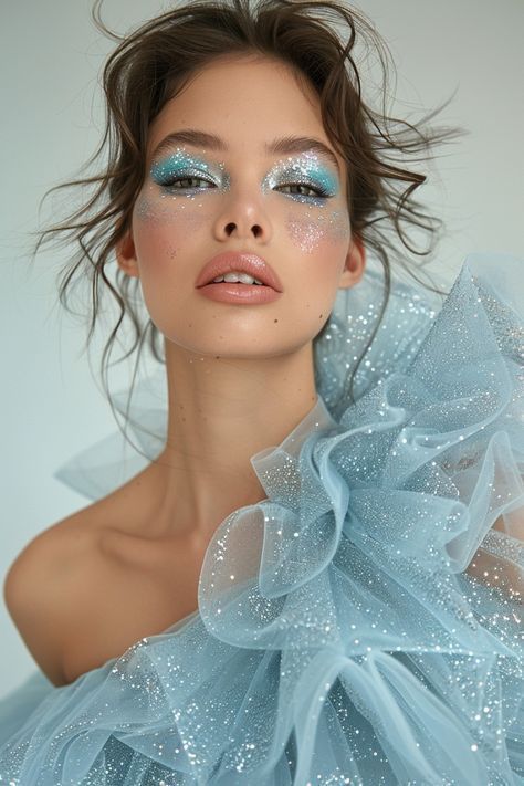 Editorial Silver Makeup, Silver And Pink Makeup Looks, Soft Blue Eye Makeup, Silver And Blue Makeup, Ocean Photoshoot Ideas, Silver Photoshoot, Cosmic Makeup, Glitter Face Makeup, Editorial Make-up