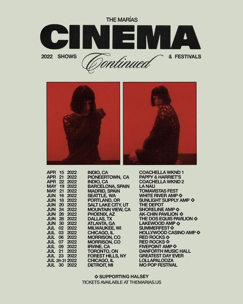 The Marías on Instagram: “cinema tour continued! ⁣ ⁣ of the shows that we postponed on our winter tour, there are rescheduled dates for salt lake city (june 20)…” Concert Dates Poster, Graphic Design Band Poster, Tour Dates Poster Design, Tour Poster Ideas, Tour Poster Graphic Design, Tour Posters Design, Tour Graphic Design, The Marias Poster, Music Tour Poster