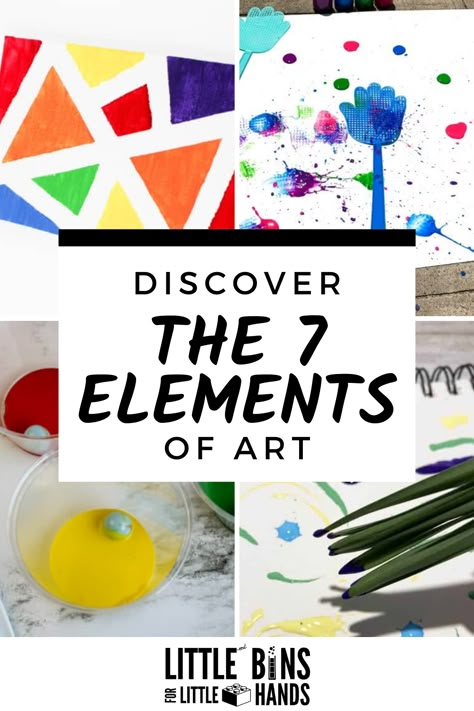 Doing art with kids at home or in the classroom? Then you will want to think about the 7 elements of art! Explore what the 7 elements of art are, why they are important and helpful tips for how to teach them to kids. Plus, you’ll find examples of fun and easy art projects you can use! Make sure to download the free 7 Elements of Art printable below. Elements Of Art Preschool, Elements Of Art For Preschool, Teaching Art To Kindergarteners, Space Art Element Projects, Teaching Art To Preschoolers, Art Elements For Kids, One Day Art Projects Kindergarten, Elements Of Art Lessons Elementary, Elements Of Art For Kindergarten