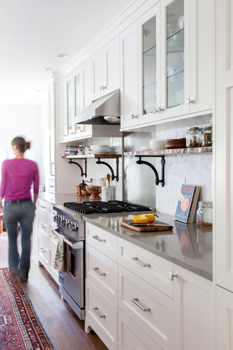 The Best Place to Add Shelving in Your Kitchen | Kitchn Grey Quartz Countertops, Before After Kitchen, Kitchen Breakfast Nooks, Kitchen Cabinet Hardware, White Cabinetry, Upper Cabinets, Kitchen Redo, Trendy Kitchen, Kitchen Remodel Idea