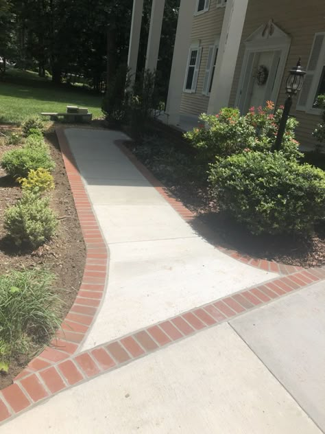 Tile Sidewalk, Brick Border Sidewalk, Brick Paver Sidewalk, Driveway With Brick Border, Sidewalk To Front Door From Driveway, Brick Driveway Ideas, Sidewalk With Brick Border, Brick And Cement Walkway, Concrete Sidewalk